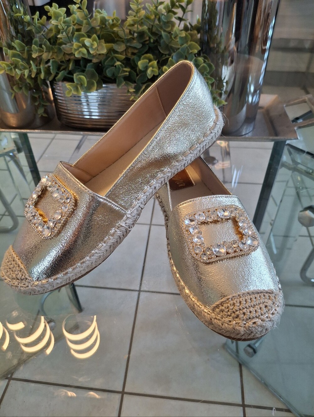 Metallic Silver Jeweled Espadrille Flats - Women